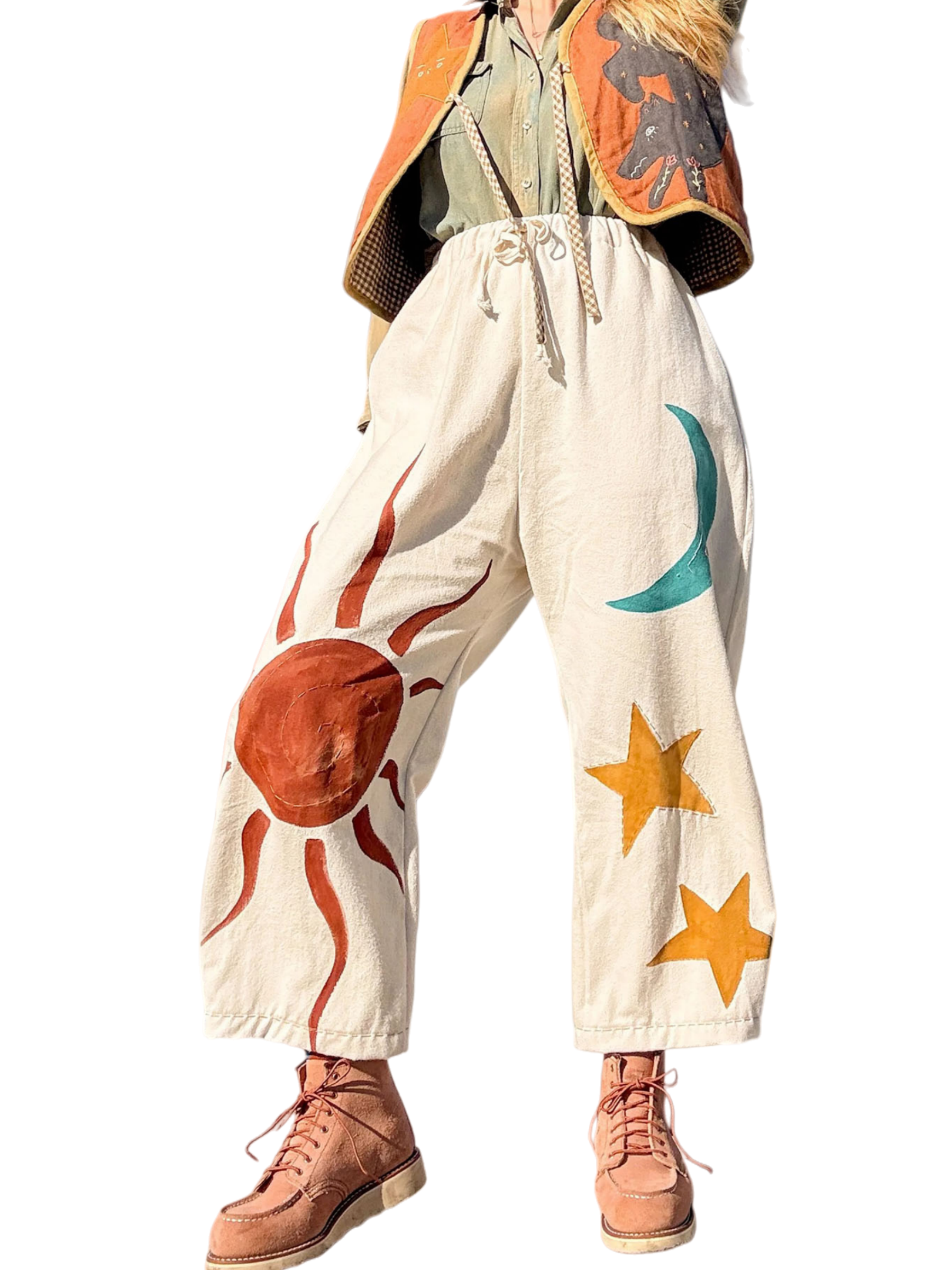 Bohemian Sun & Moon Embellished Beige Cropped Pants