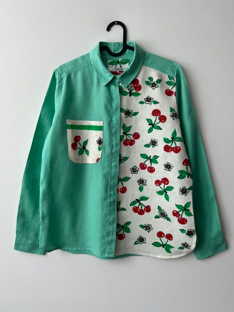 Original Cherry Patchwork Cotton Linen Long Sleeve Shirt