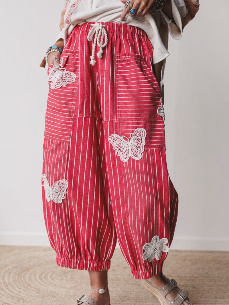 Butterfly Embroidered Patchwork Pants