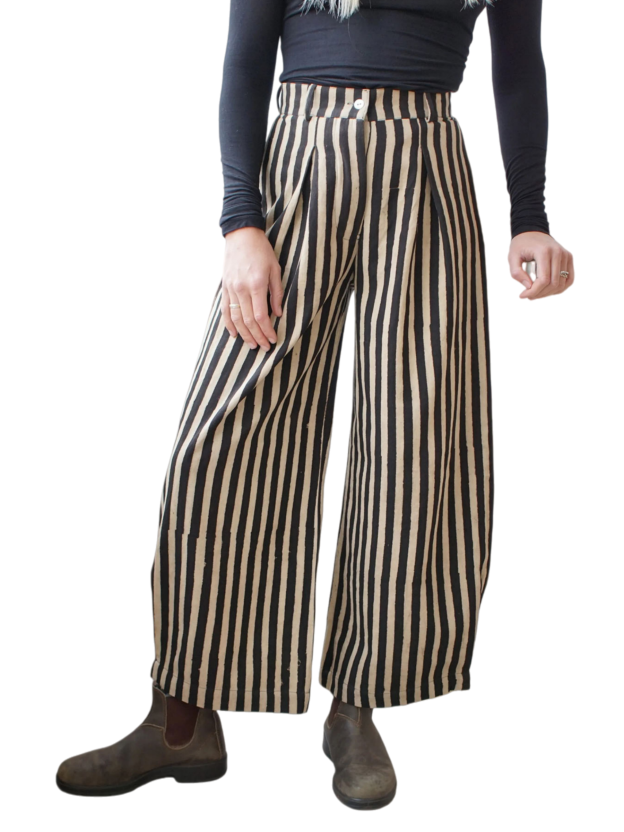 Vintage Black & Beige Striped Wide-Leg Pants