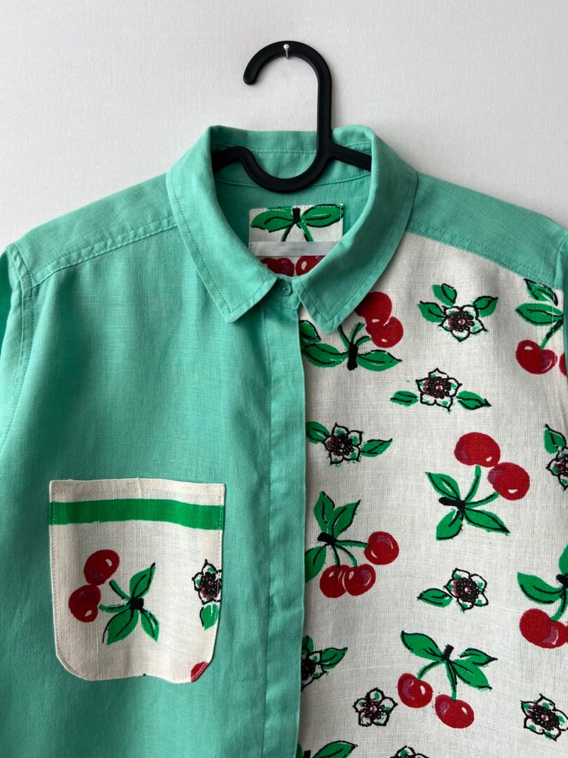 Original Cherry Patchwork Cotton Linen Long Sleeve Shirt
