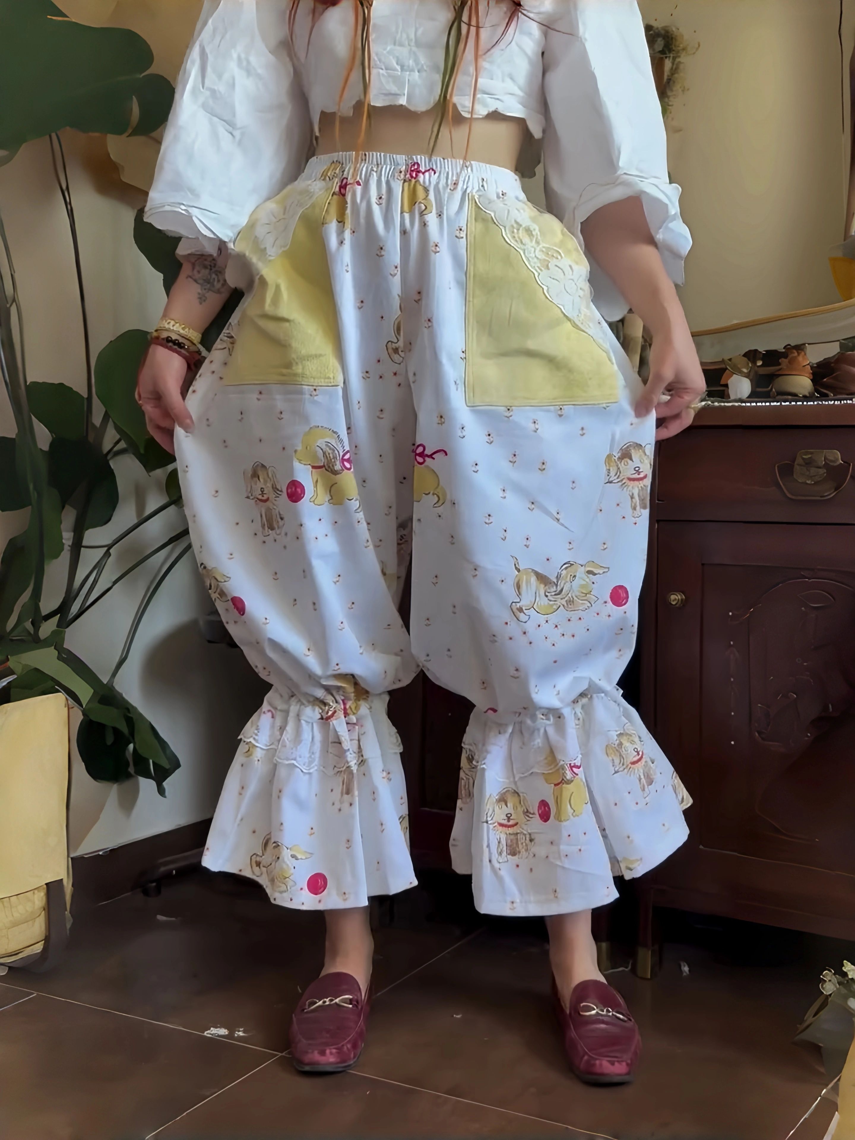Puppy Print Patchwork Balloon Pants