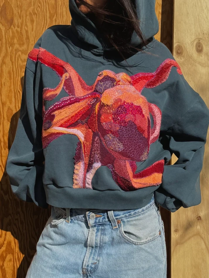Vibrant Octopus Art Cropped Hoodie