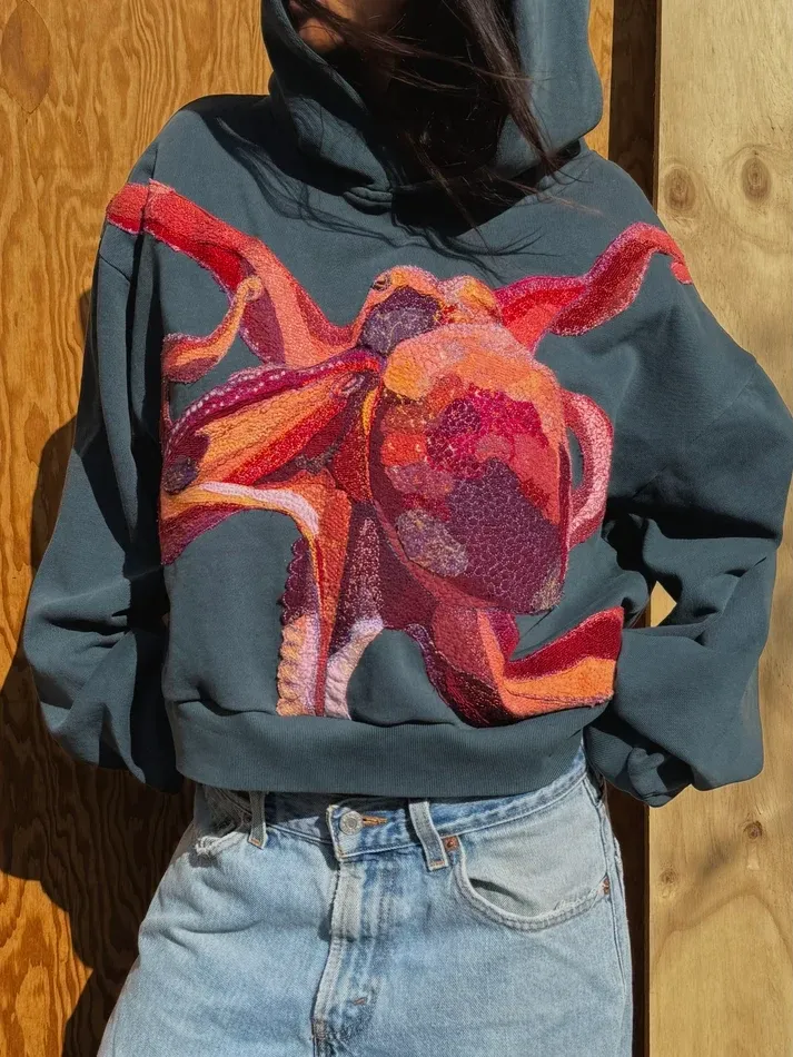 Vibrant Octopus Art Cropped Hoodie