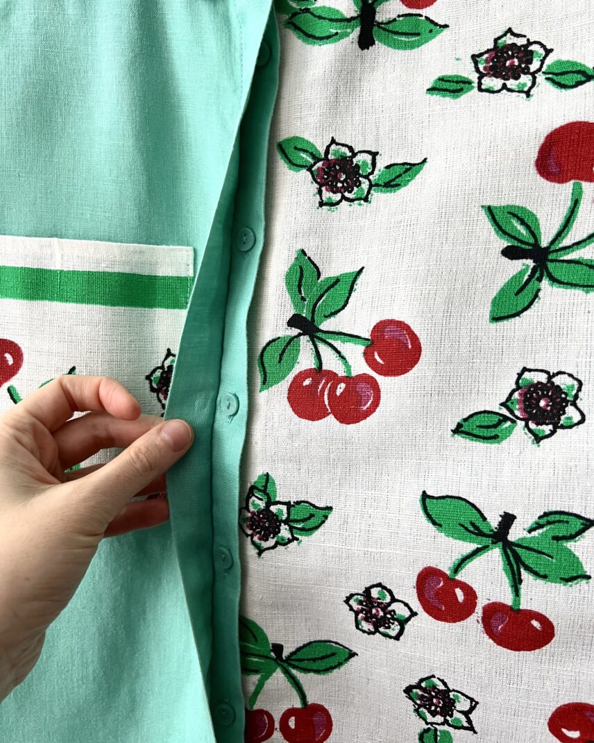Original Cherry Patchwork Cotton Linen Long Sleeve Shirt