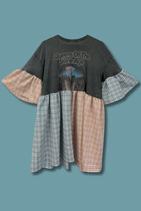 Queens of the Stone Age - Split Pink & Blue Tartan Smock Dress