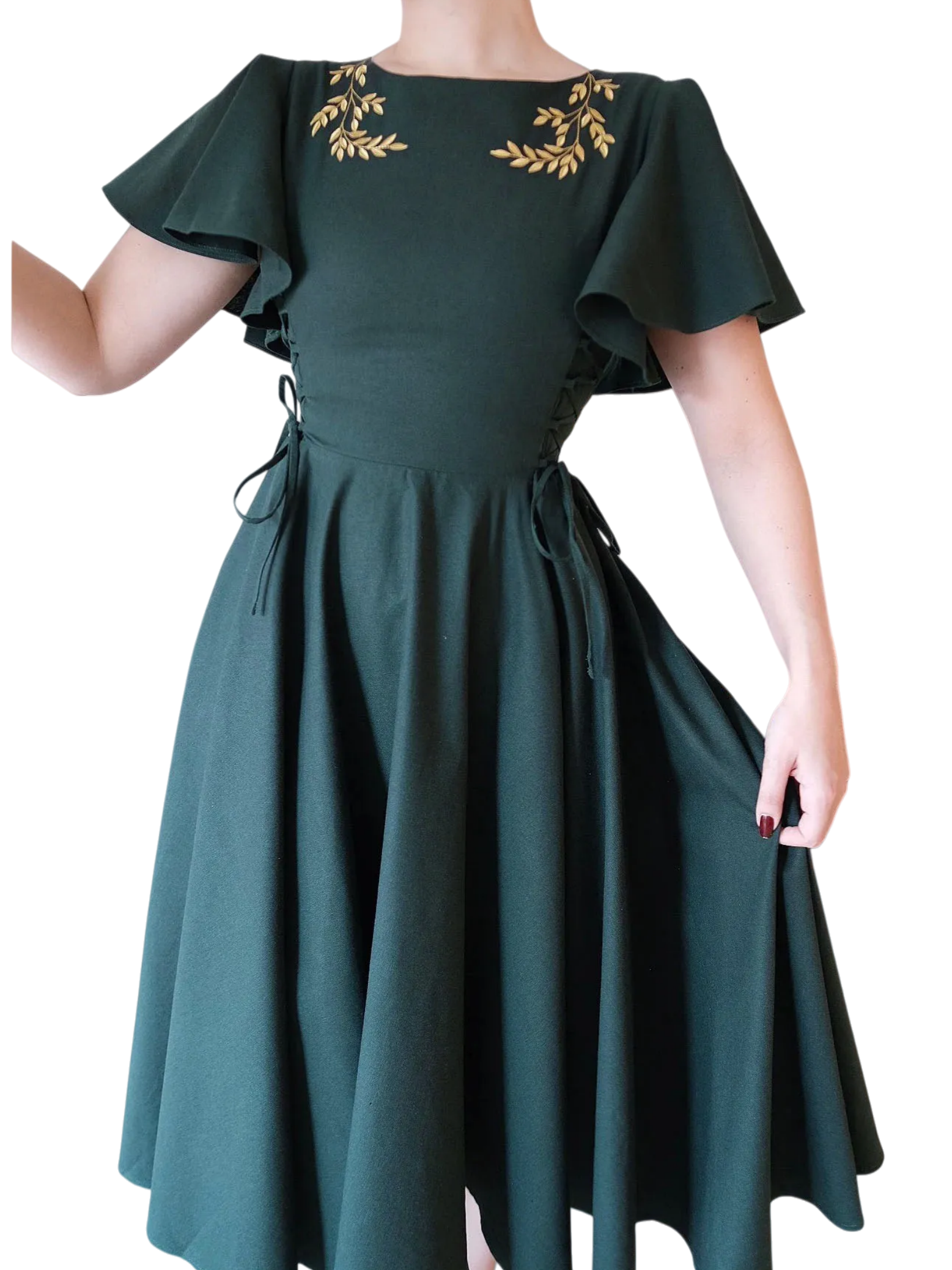 Dark Green Leaf-Embroidered Lace-Up Dress