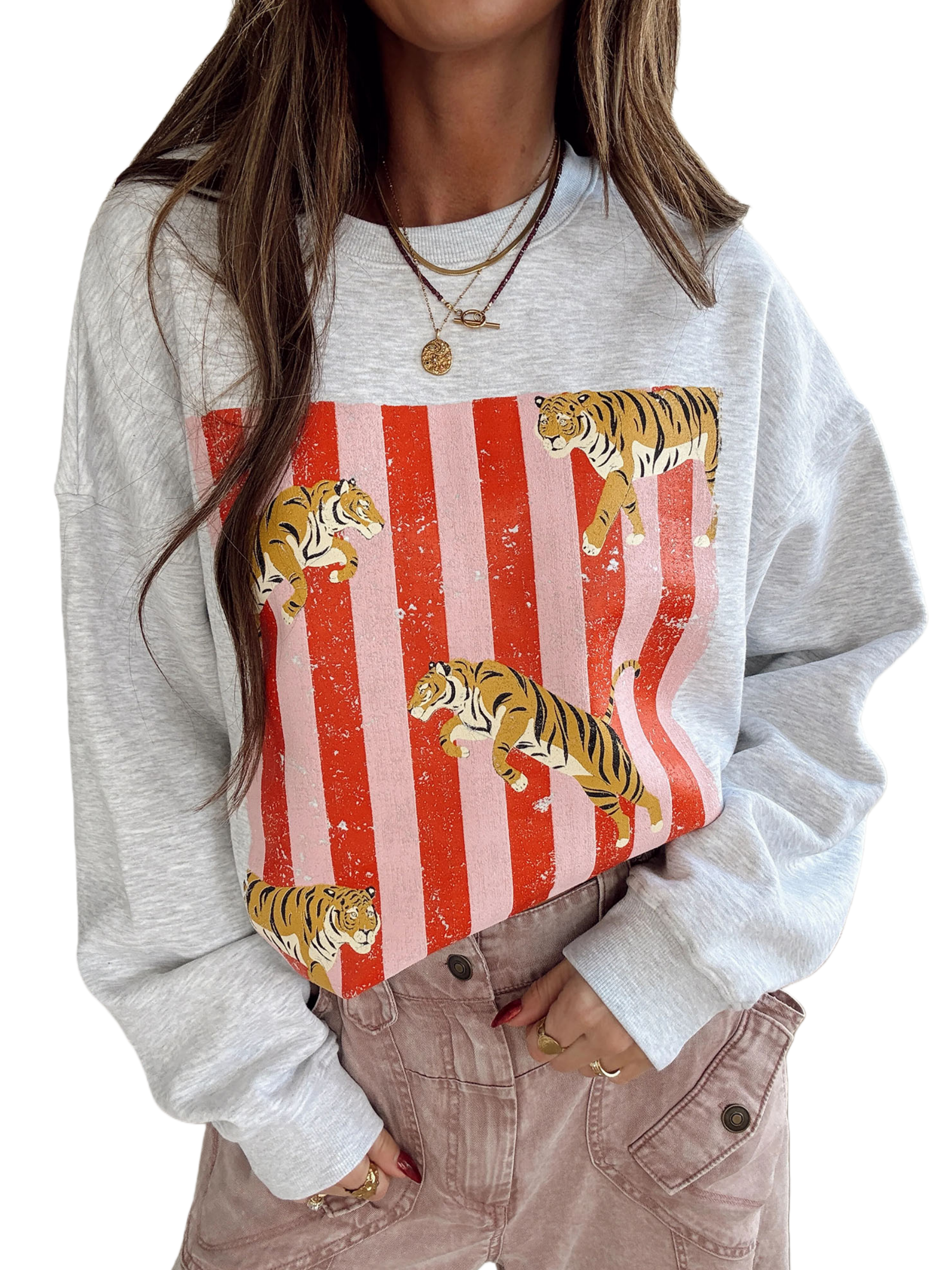 Vintage Tiger Print Striped Grey Oversized Sweatshirt