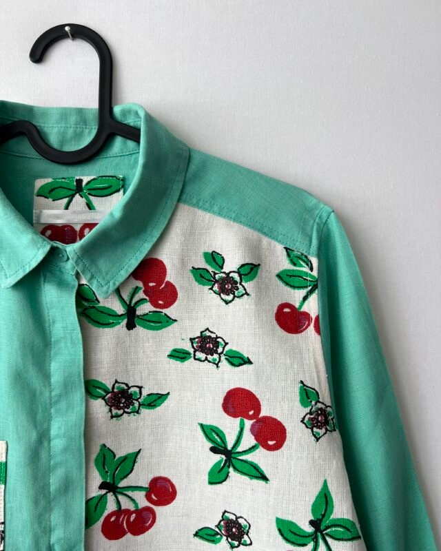 Original Cherry Patchwork Cotton Linen Long Sleeve Shirt