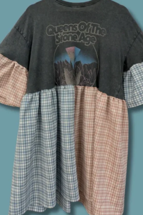 Queens of the Stone Age - Split Pink & Blue Tartan Smock Dress