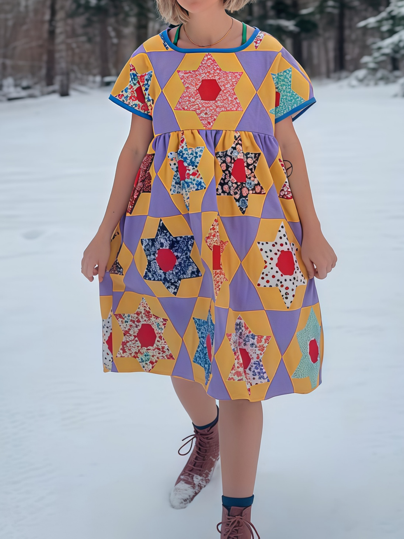 Vintage Quilted Short-Sleeve Dress