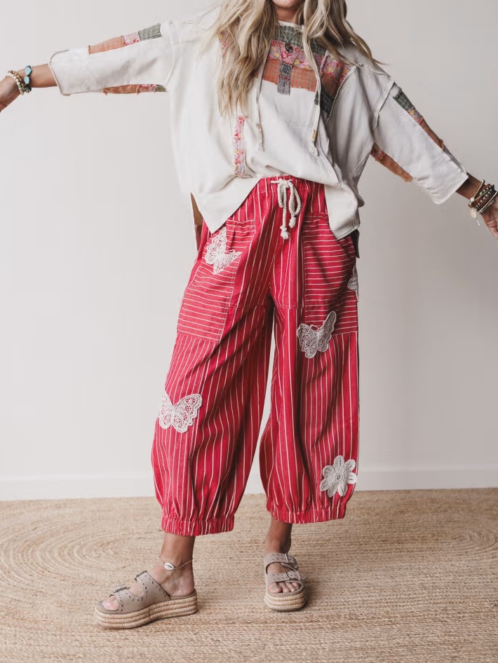 Butterfly Embroidered Patchwork Pants
