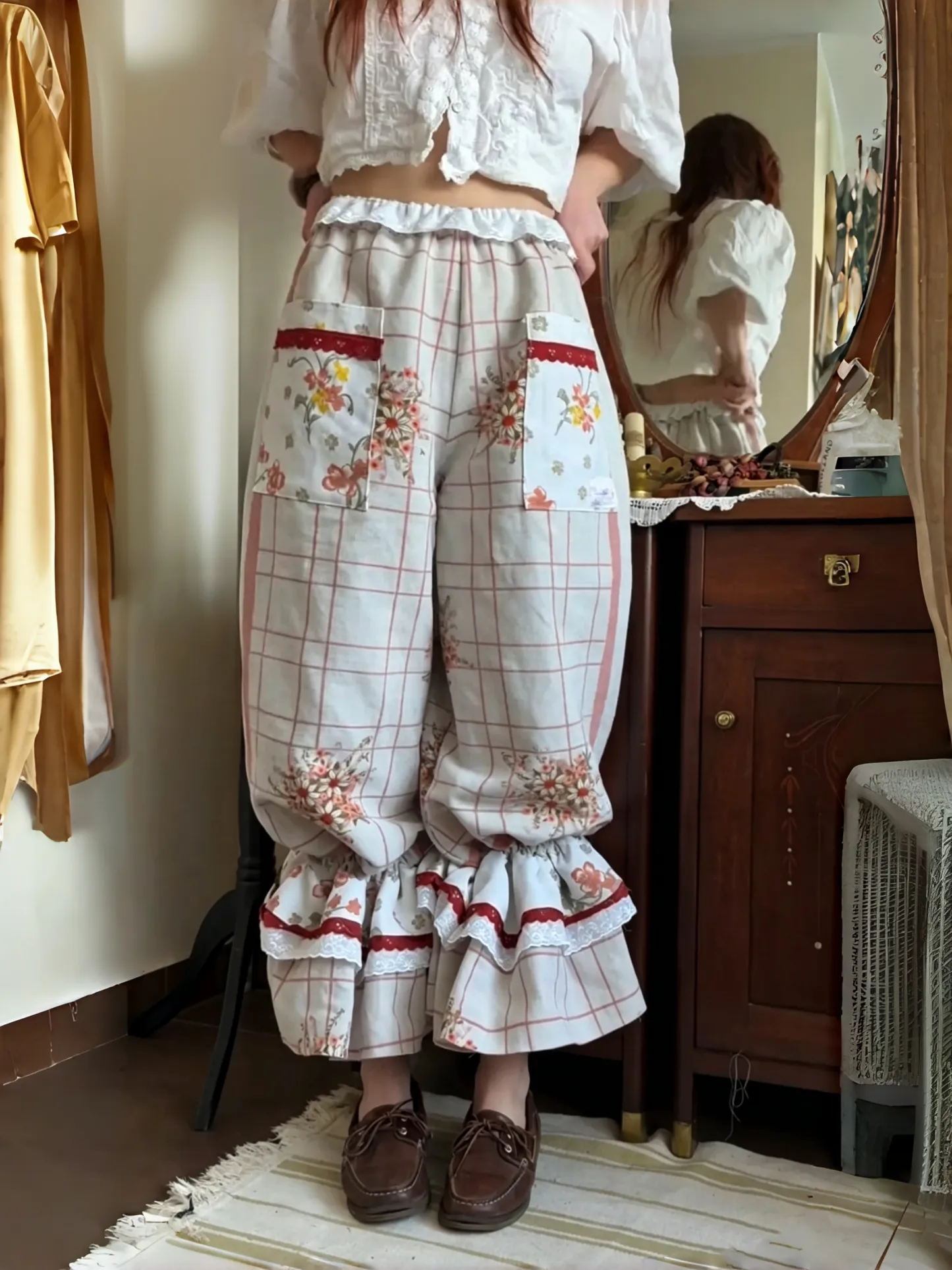 Floral Grid Ruffle Cuff Balloon Pants