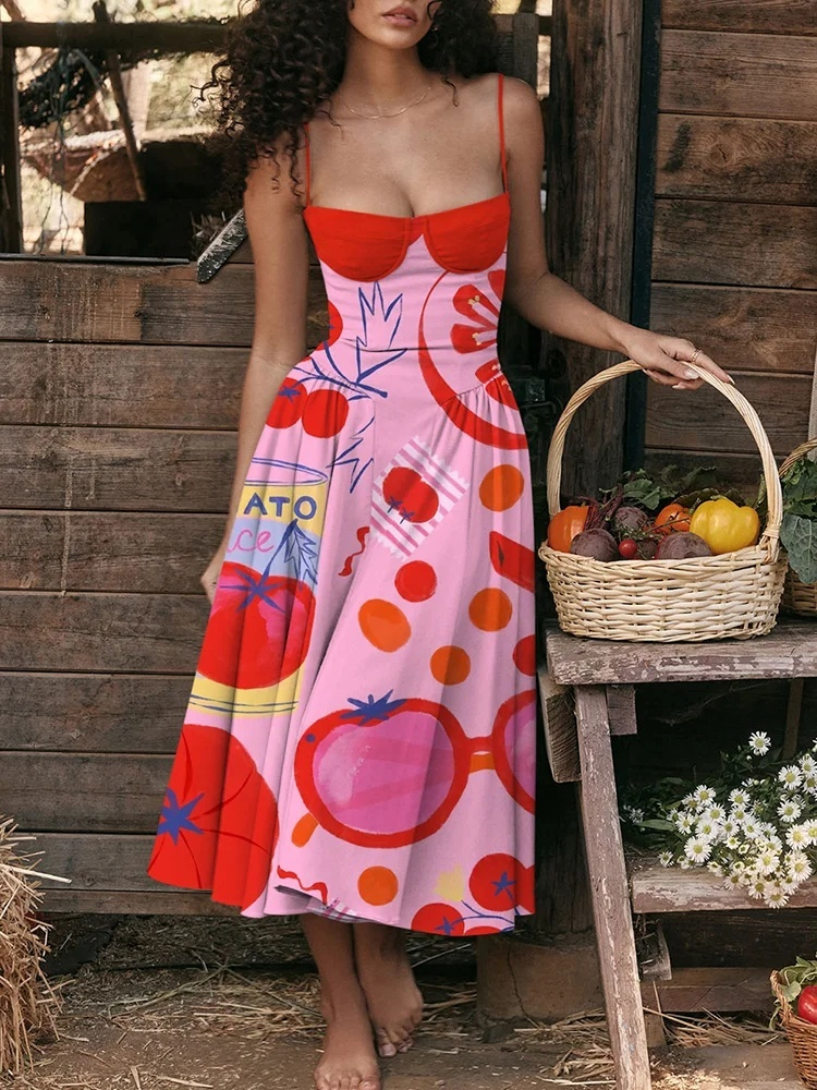 Fun Cherry Print Strap Tube Dress