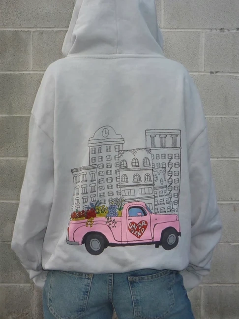 Pink Flower Truck City Graphic Oversized Hoodie