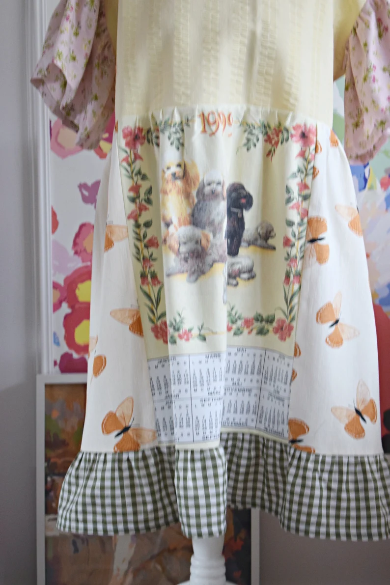Vintage Dog Calendar Print Patchwork Midi Dress