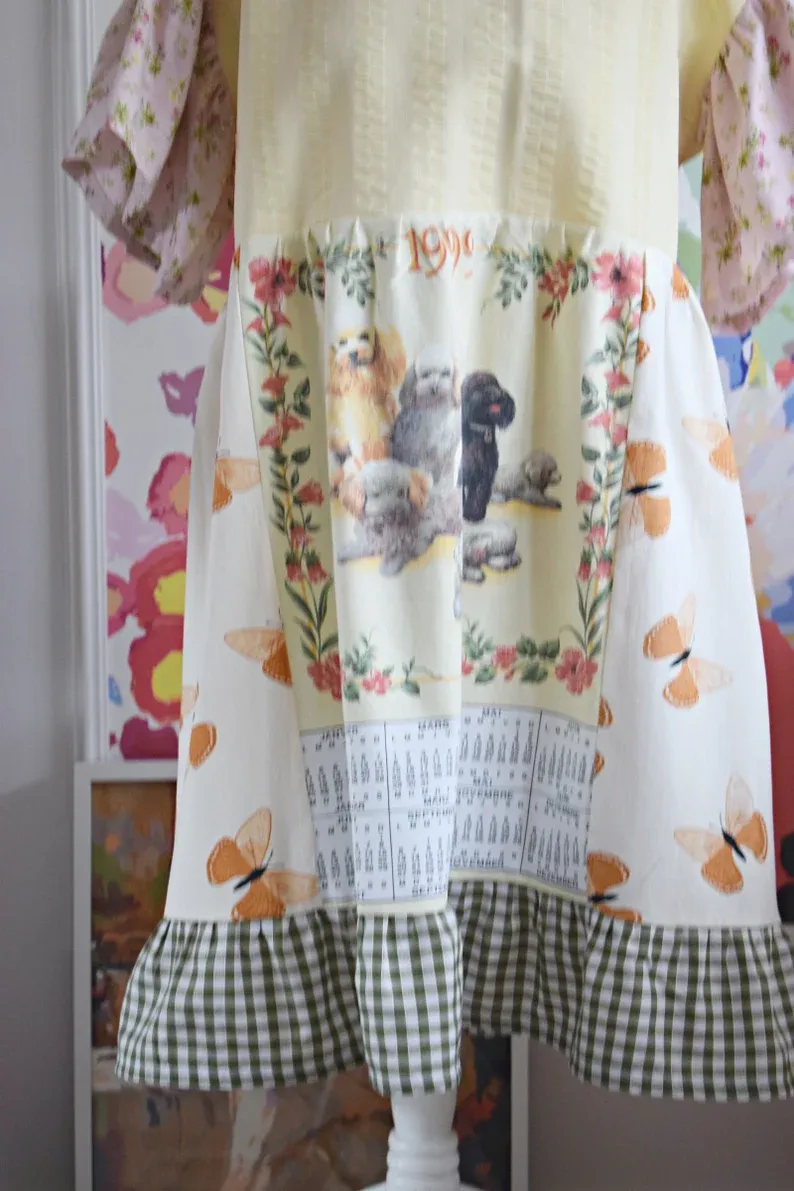 Vintage Dog Calendar Print Patchwork Midi Dress