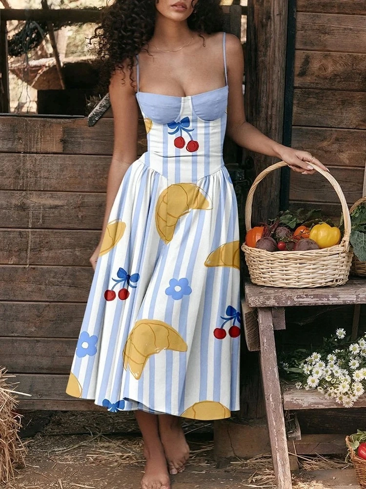 Cattle Bags Striped Printed Strap Strapless Dress
