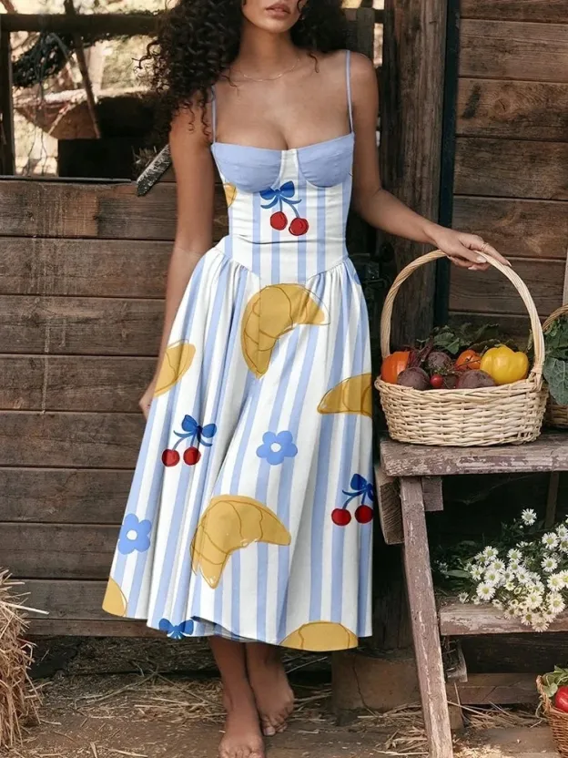 Cattle Bags Striped Printed Strap Strapless Dress