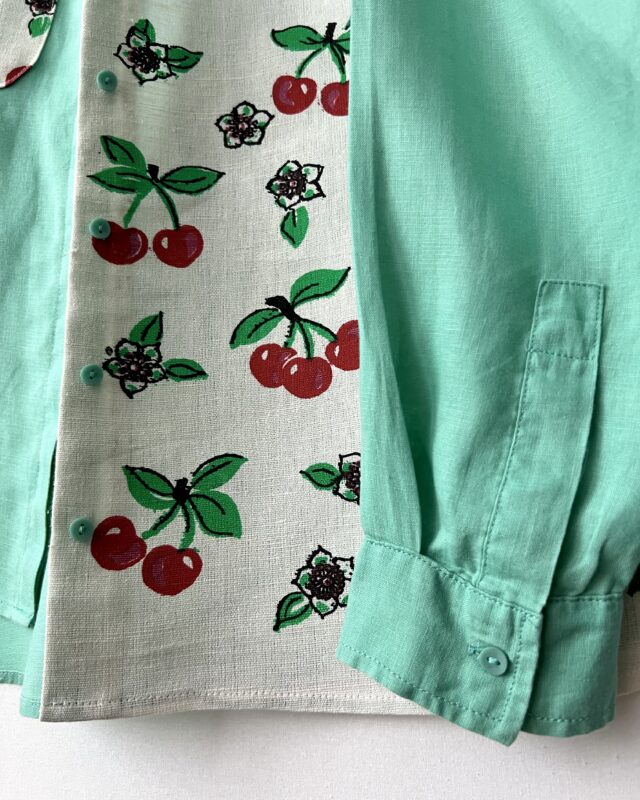 Original Cherry Patchwork Cotton Linen Long Sleeve Shirt