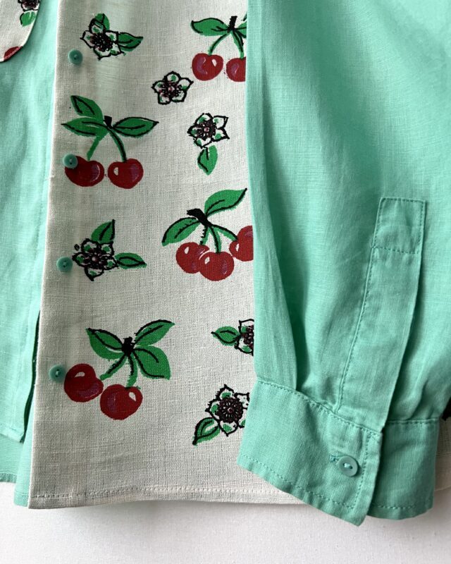 Original Cherry Patchwork Cotton Linen Long Sleeve Shirt