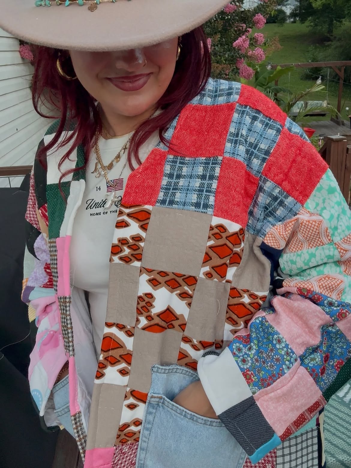 Vintage Patchwork Quilted Jacket with Denim Pockets