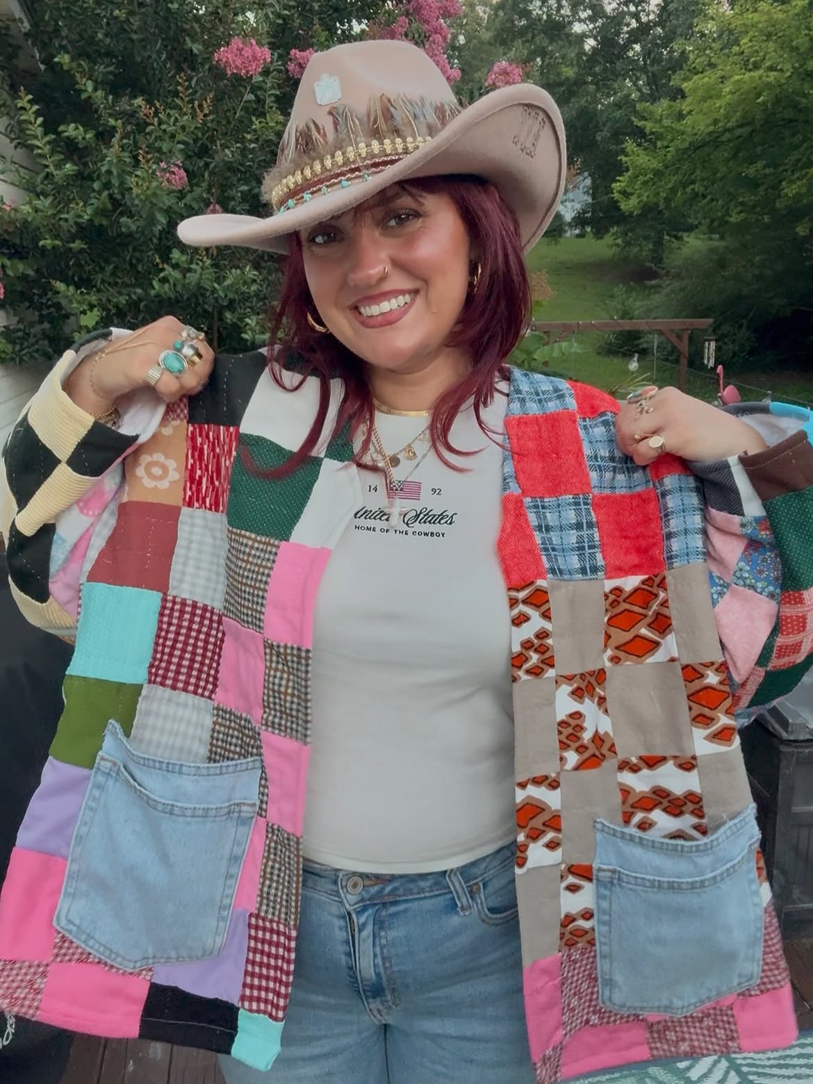 Vintage Patchwork Quilted Jacket with Denim Pockets