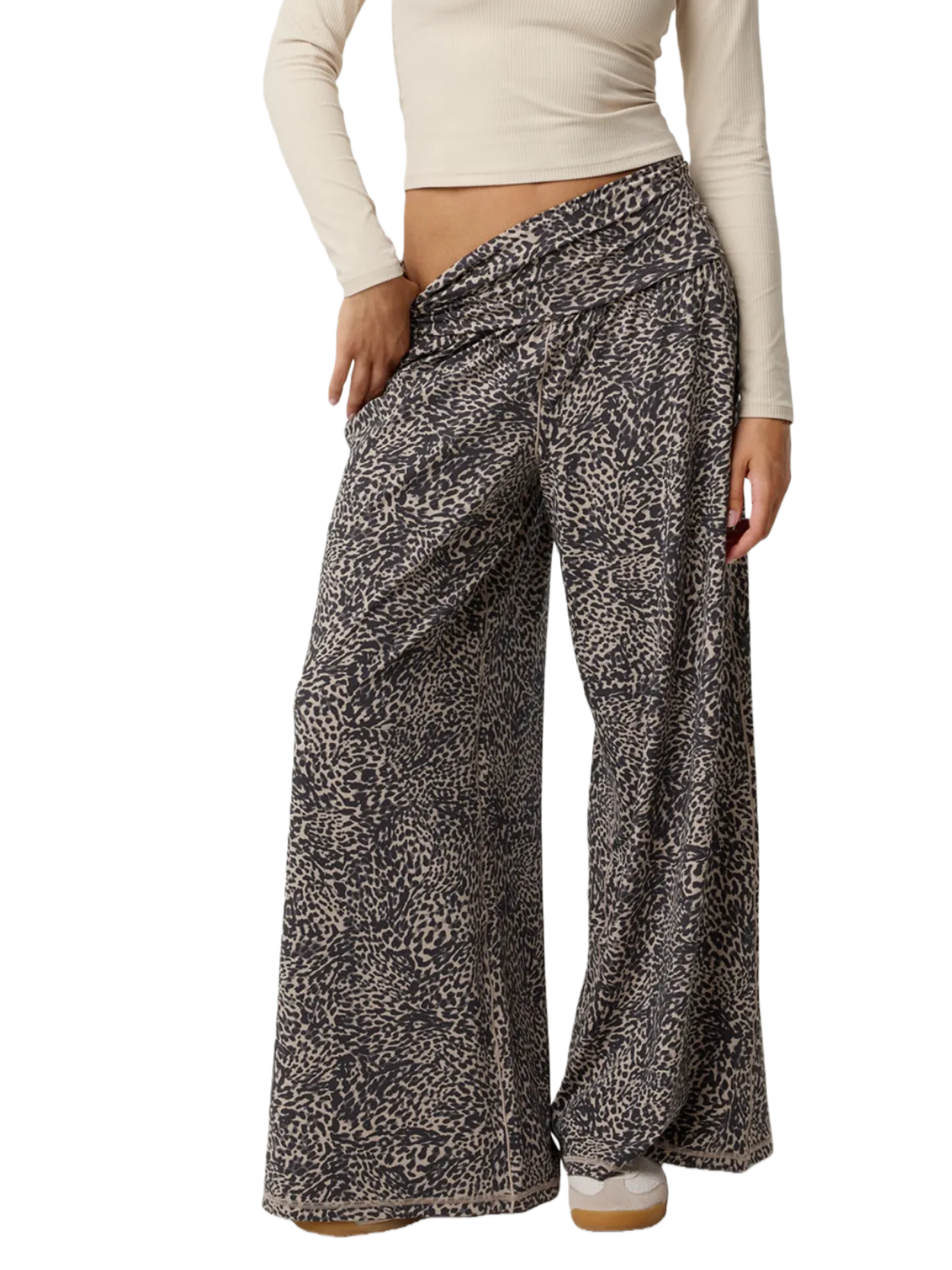 Leopard print fold-over wide-leg pants