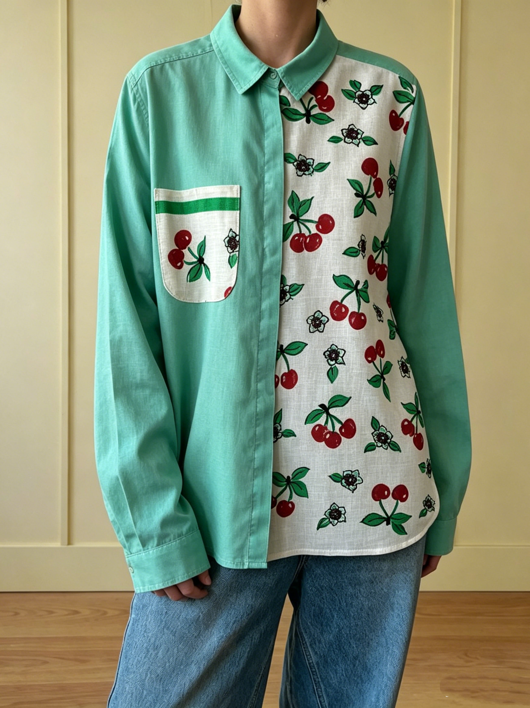 Original Cherry Patchwork Cotton Linen Long Sleeve Shirt