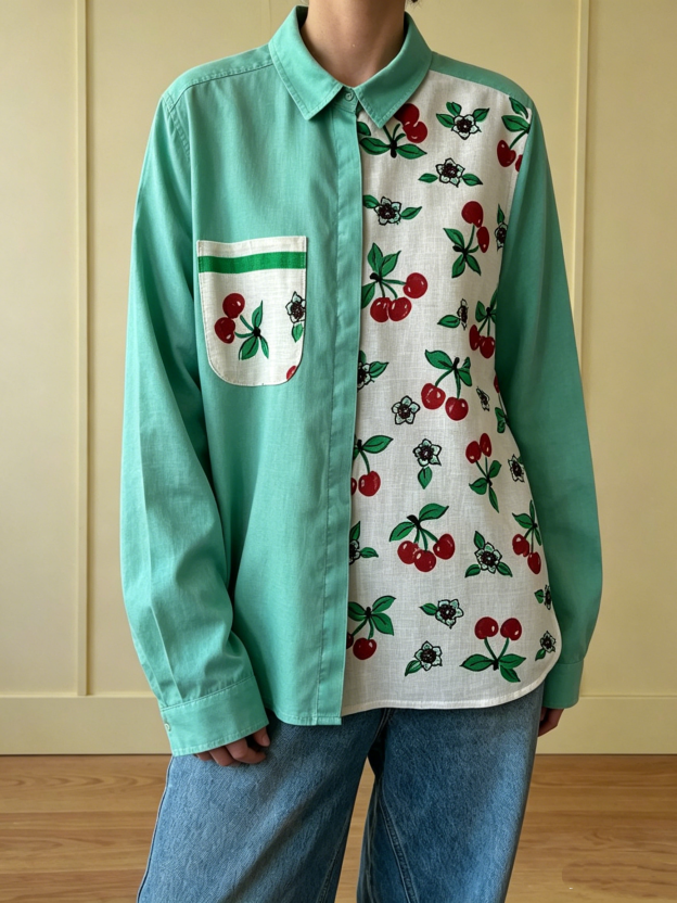 Original Cherry Patchwork Cotton Linen Long Sleeve Shirt