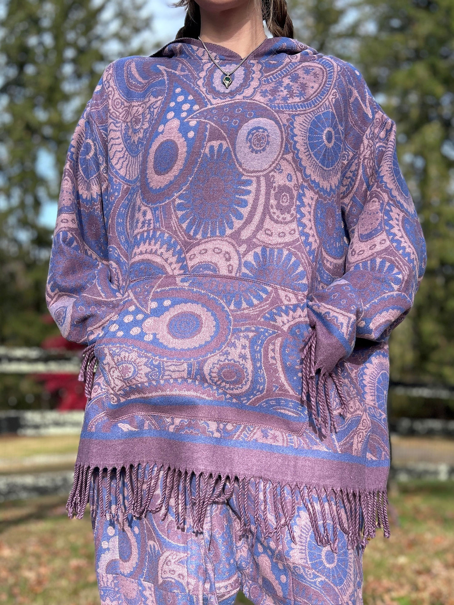 Oversized Patterned Hoodie with Fringe Trim