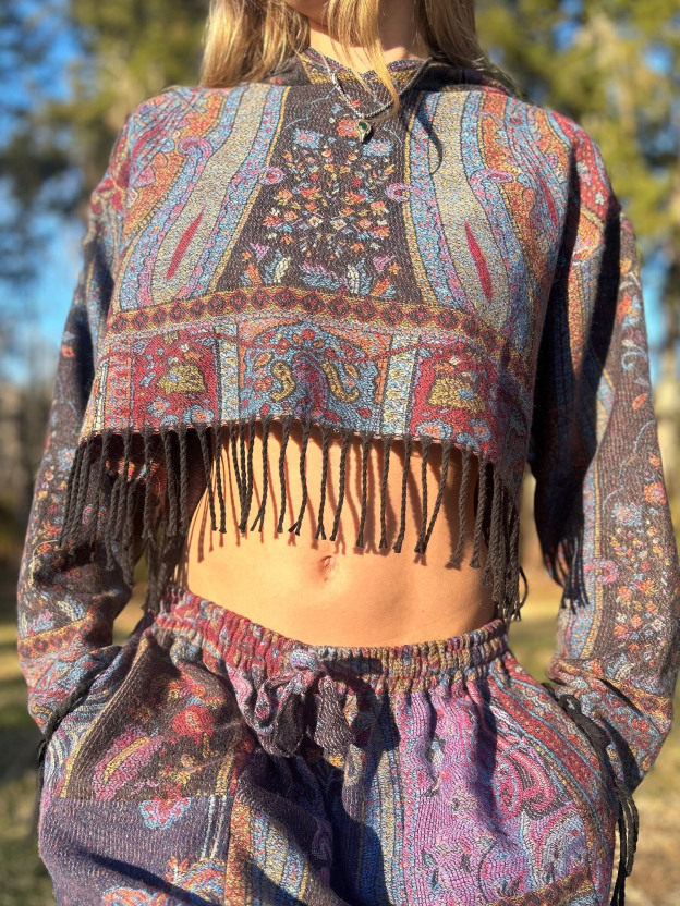Fringed Cropped Patterned Hoodie