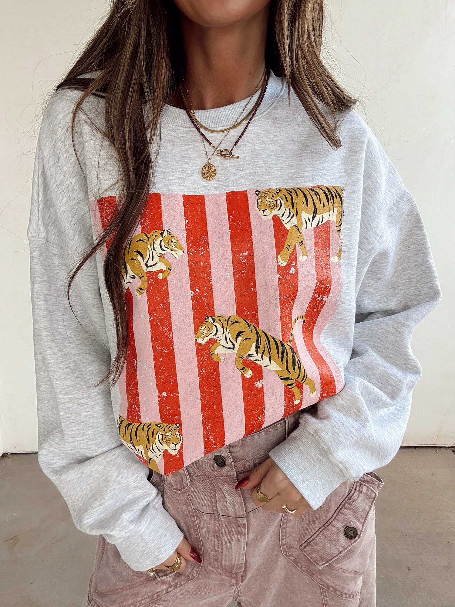 Vintage Tiger Print Striped Grey Oversized Sweatshirt