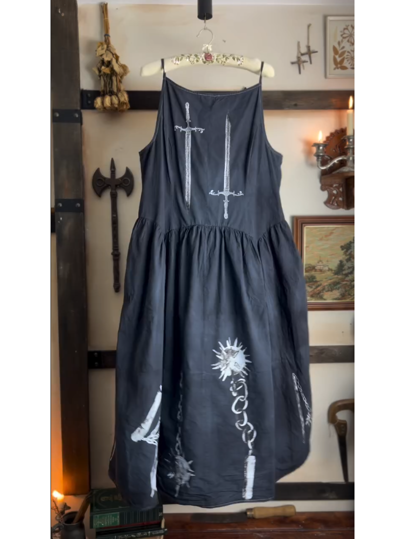Medieval Sword & Flail Print Camisole Maxi Dress