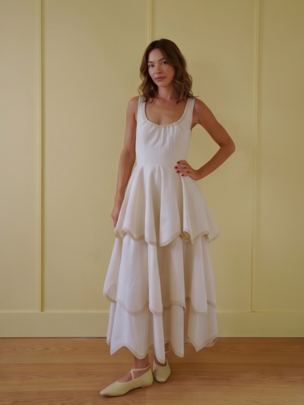 The Layered Scallop Midi-White