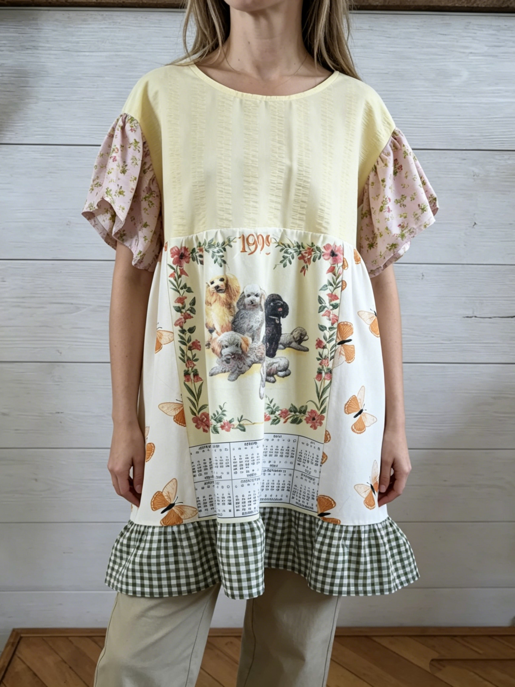 Vintage Dog Calendar Print Patchwork Midi Dress