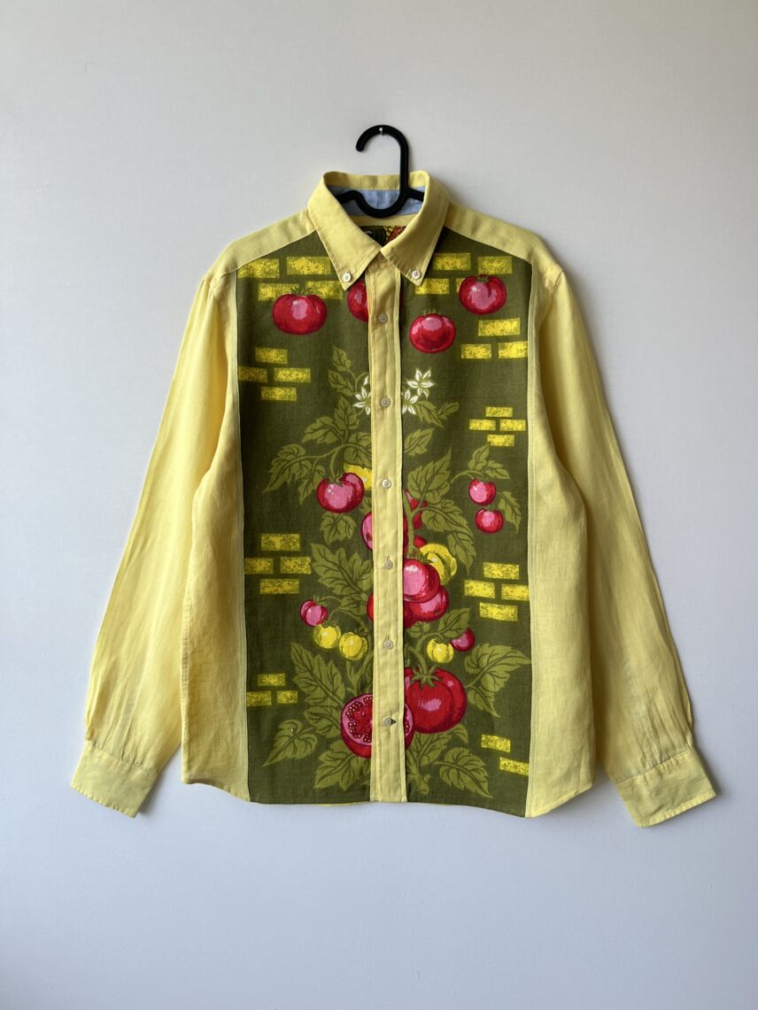 Pomegranate Print Cotton Linen Patchwork Long Sleeve Shirt