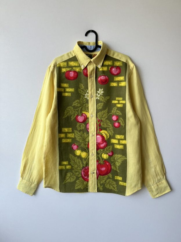 Pomegranate Print Cotton Linen Patchwork Long Sleeve Shirt