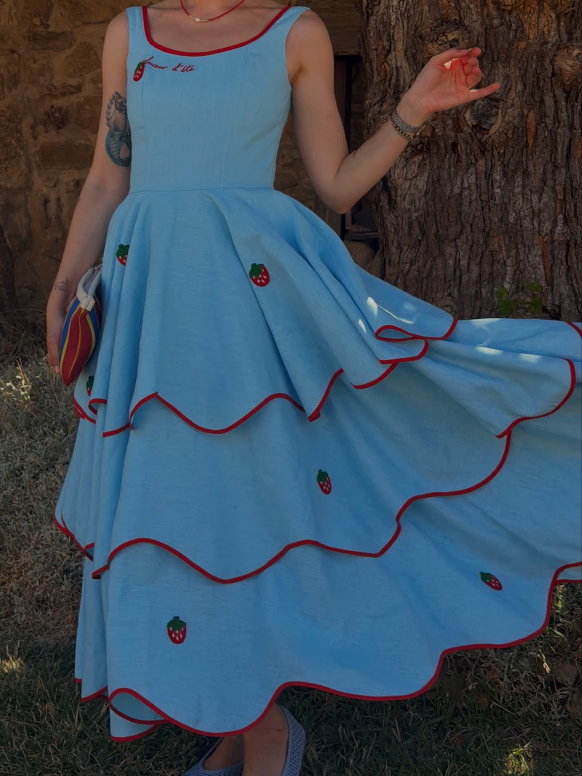 Strawberry Embroidery Tiered Red Trim Cotton Swing Maxi Dress