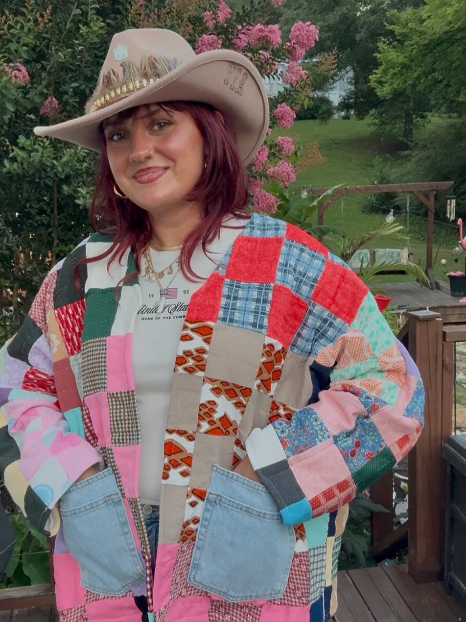 Vintage Patchwork Quilted Jacket with Denim Pockets