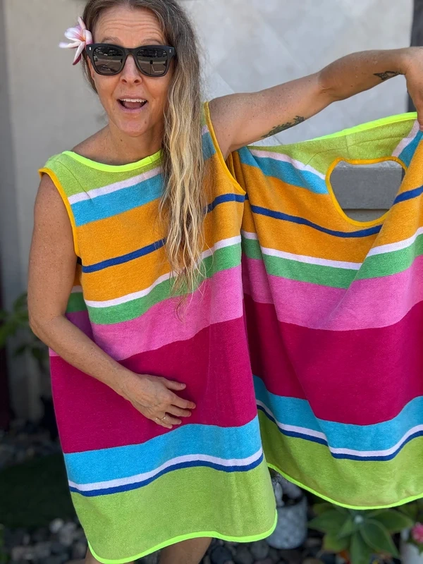 3 Arm Hole Wrap Dress ~ raspberry and green stripe