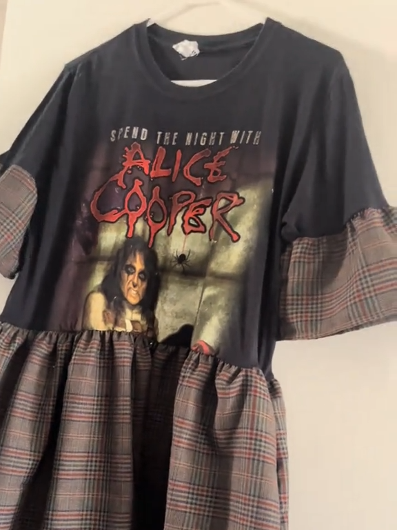 Alice Cooper Upcycled Plaid Band Tee Dress