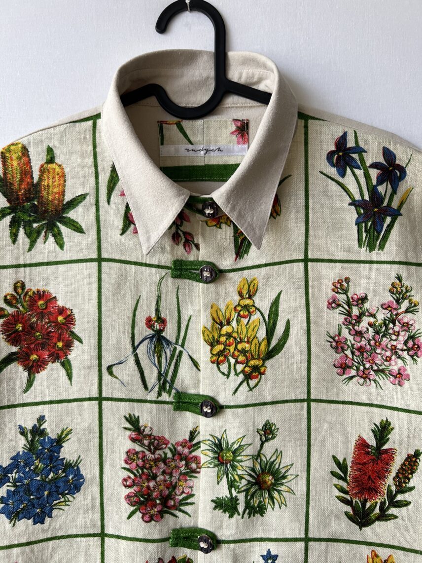 Australian Wildflower Grid Print Cotton Linen Short Sleeve Shirt