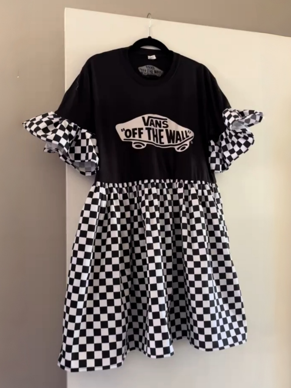 Upcycled Vans Checkerboard Ruffle Sleeve Dress