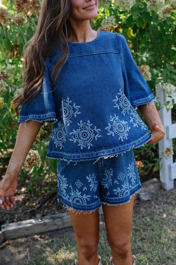 Dani Embroidered Denim Short Set