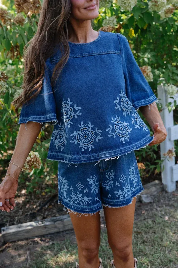 Dani Embroidered Denim Short Set