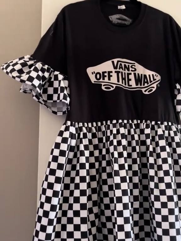 Upcycled Vans Checkerboard Ruffle Sleeve Dress