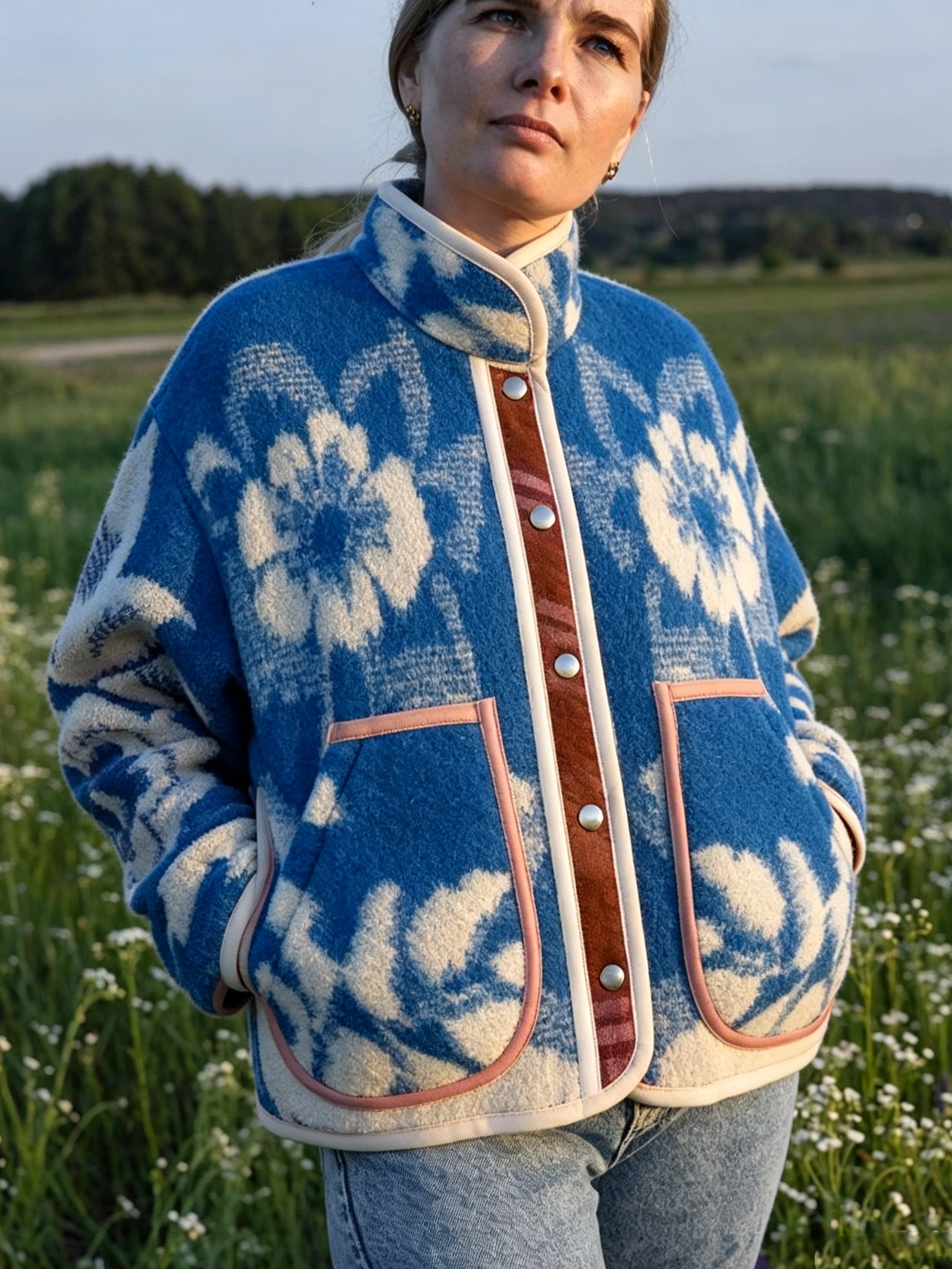 Blue Floral Jacquard Stand Collar Cropped Jacket