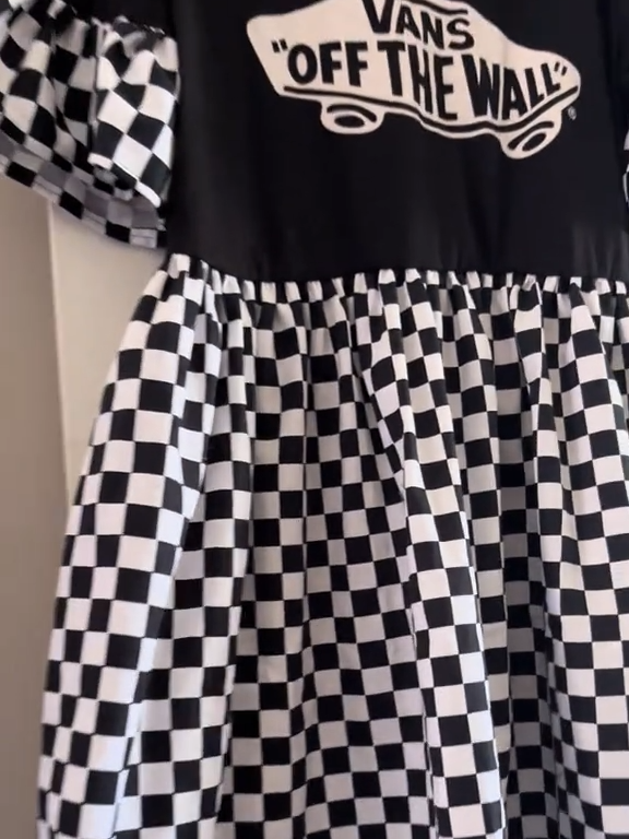 Upcycled Vans Checkerboard Ruffle Sleeve Dress