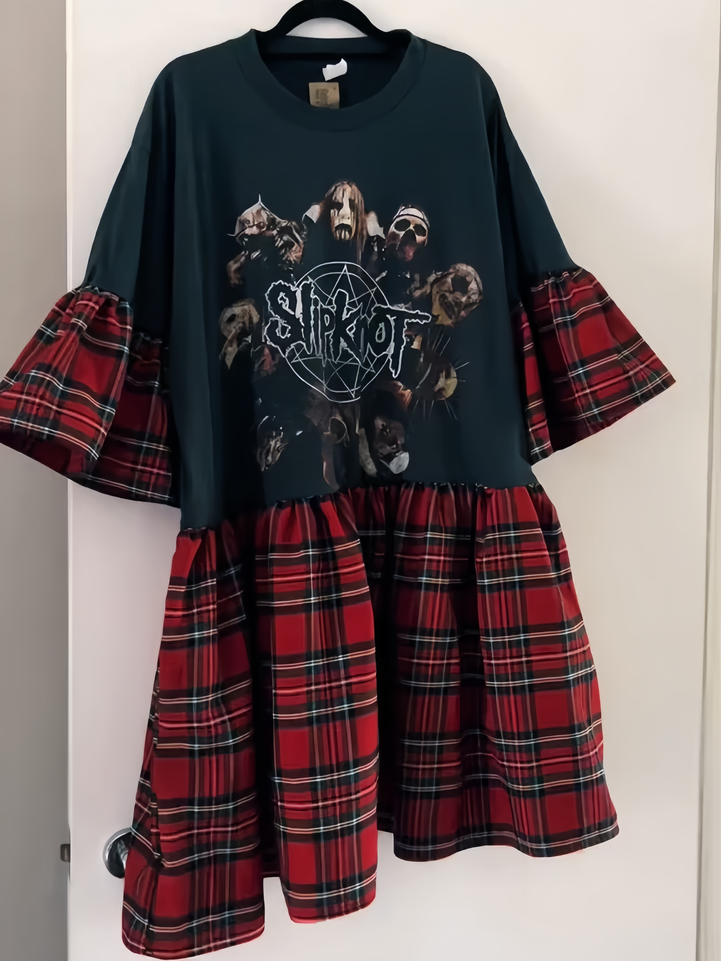 Slipknot Graphic Red Tartan Flounce Sleeve Dress